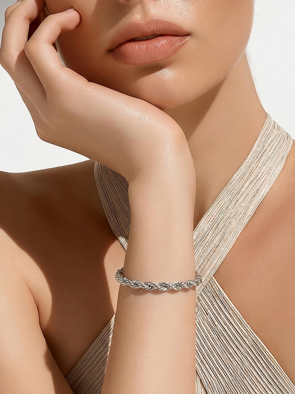Silver Rope Chain Bracelet 3mm Stainless Steel Waterproof Non Tarnish Minimalist